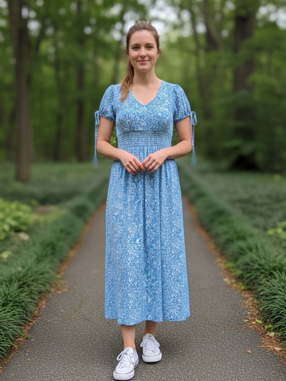 Blue Floral V-Neck Midi Dress